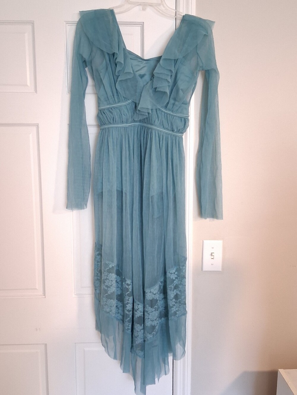 Weissman Sheer Ruffle V-Neck Long Sleeve Maxi Dance Dress - Teal. Medium MA
